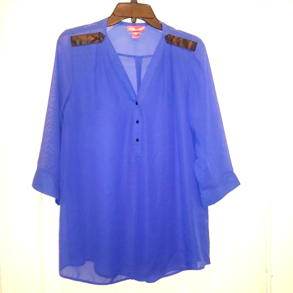 Royal Blue Sheer Overlay Top with Faux Leather
